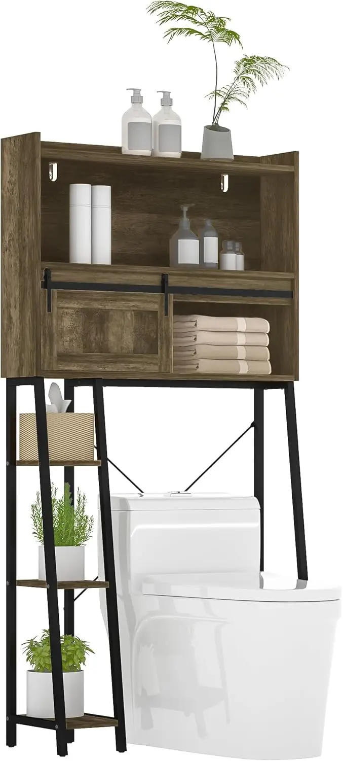 

Over the Toilet Storage Cabinet, Freestanding Over Toilet Bathroom Organizer with Sliding Door, 3 Storage Compartments and 4