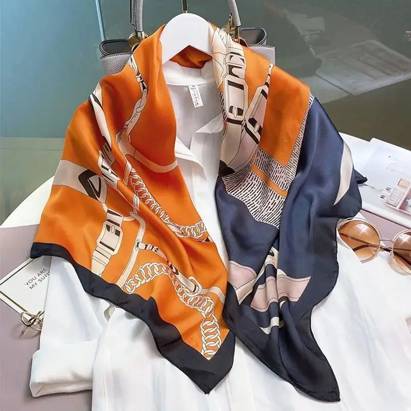 韓国風シルクスカーフ-女性用-90cm-ファッションアクセサリー-多用途でスタイリッシュなオールシーズン対応ヘッドウェア