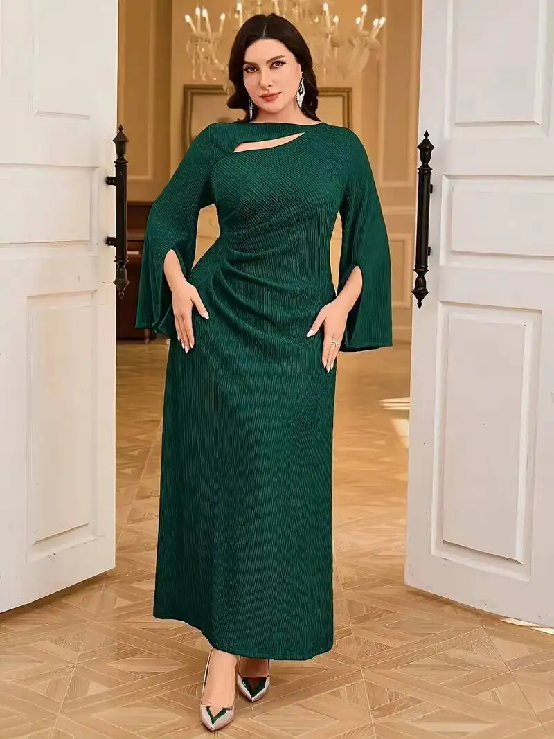 

Plus Size Women's Dress Asymmetrical Neck Flare Sleeve Cutout Textured Ruched Bodycon Maxi Chic Spring Summer Stretchy Dress