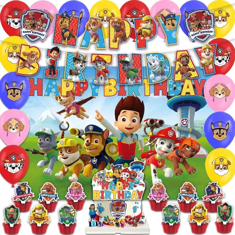    Set de Decoración de Cumpleaños de Paw Patrol - Pancarta de Feliz Cumpleaños, Globos, Adorno para Pastel, Decoración para Cupcakes, Artículos para Fiestas de Cumpleaños Infantiles