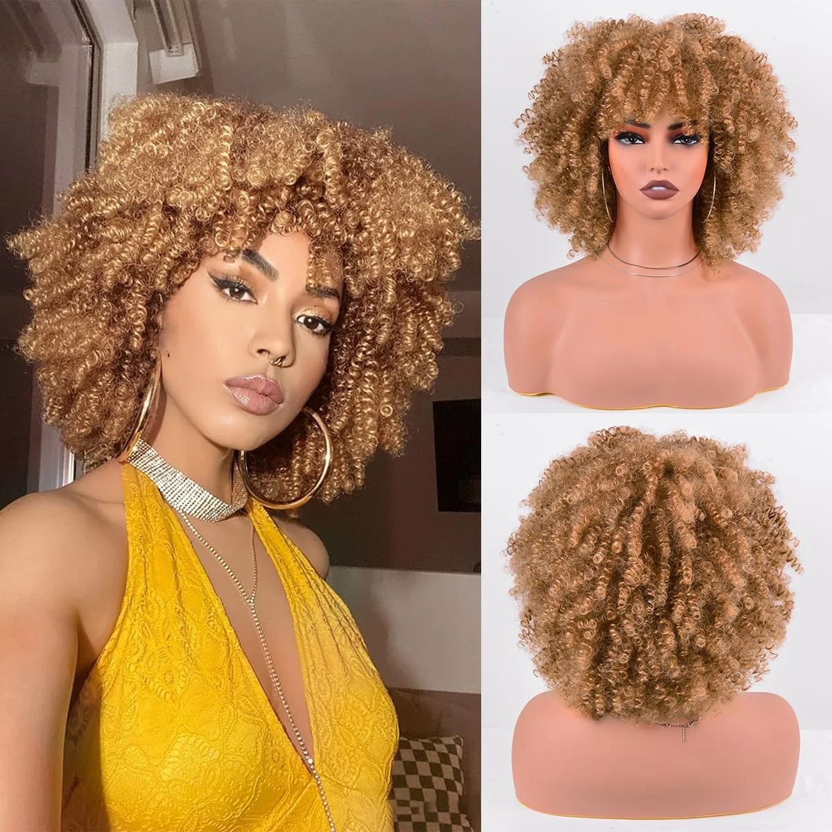 Synthetic Hair Wig Curly Afro Wig With Bangs Full Machine Made Scalp Top Wig 12