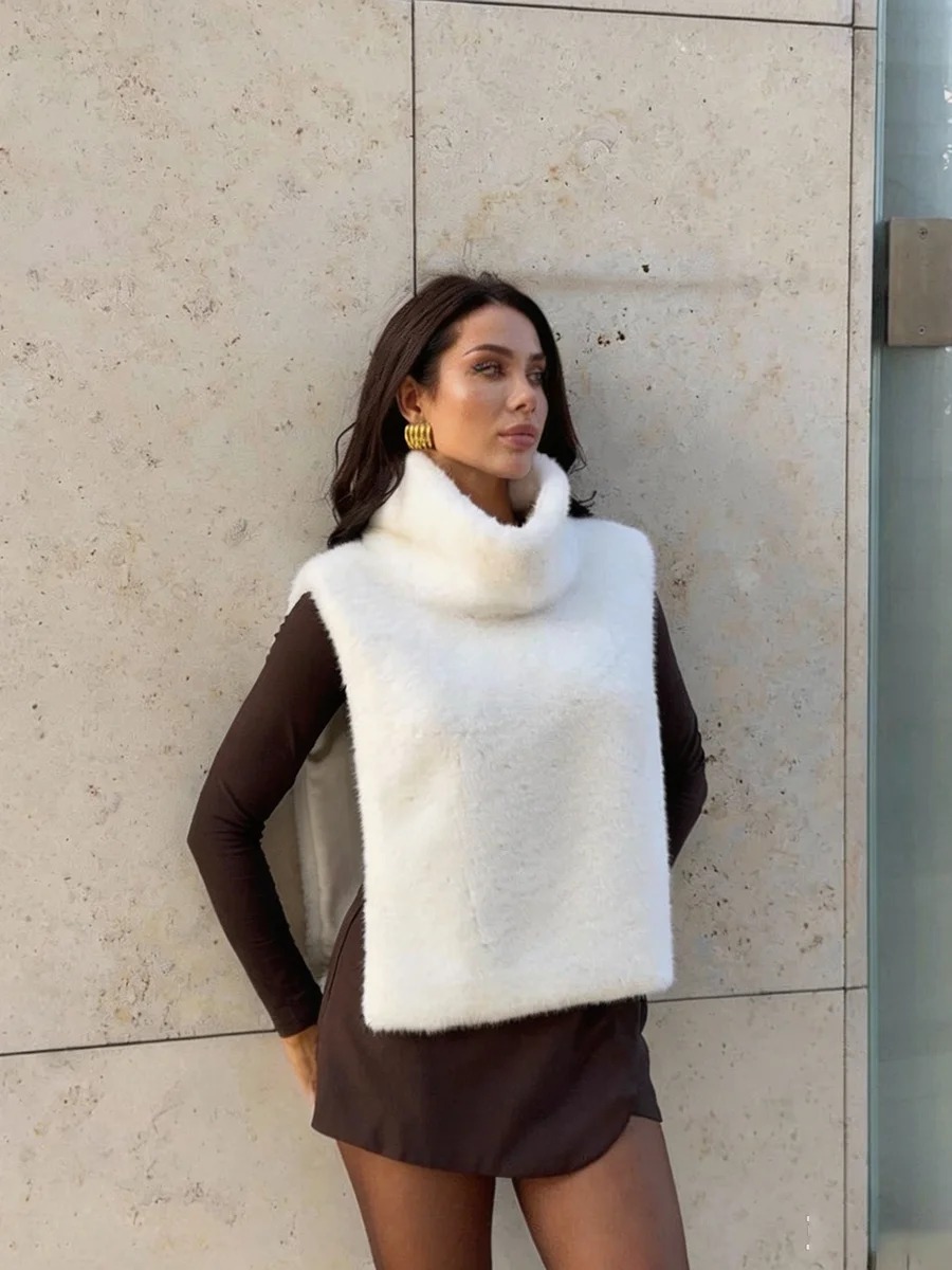 Luxury Women Winter Fluffy Faux Fur Scarf Sleeveless High Neck Shawl Warm Outwear