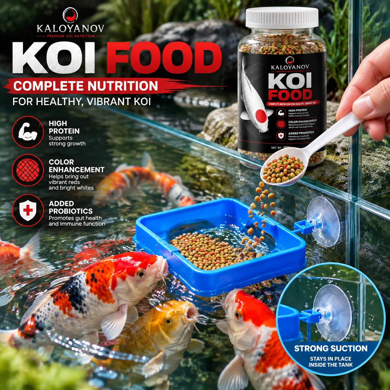 Premium Koi Fish Food Pellets 150g with Floating Feeding Ring & Spoon, High ProteinColor Enhancing Diet for Healthy Pond Fish