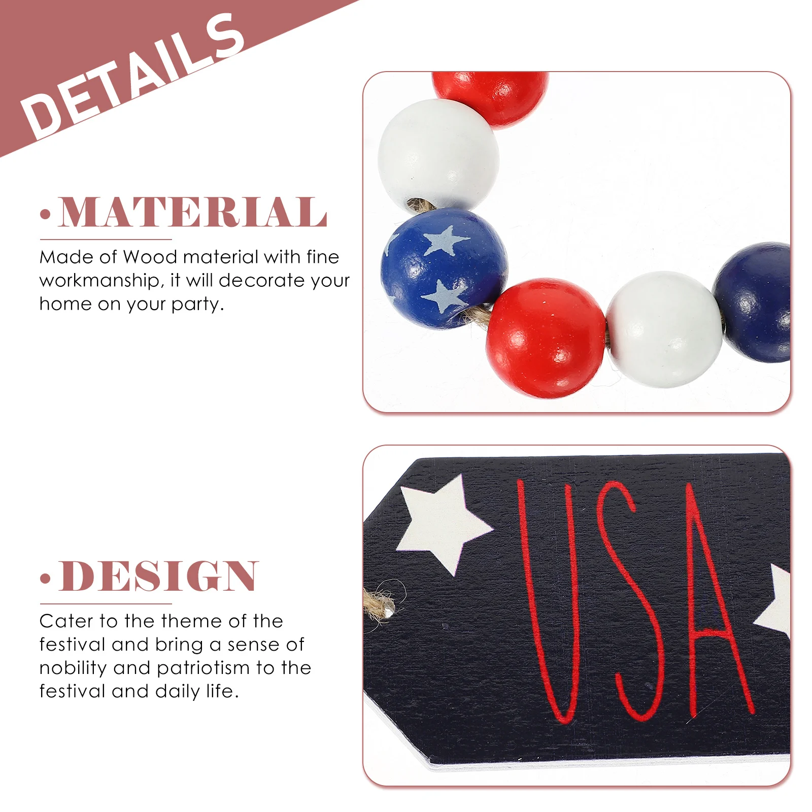 

Wooden Beads Independence Garland Tassel String Rustic Farmhouse Decor Wall Pendant Table Fireplace Decoration Gift