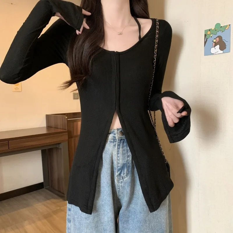 Large Size Autumn and Winter New Style Design Slit Long-sleeved T-shirt for Women Slim Fit Slim Bottom Shirt Top
