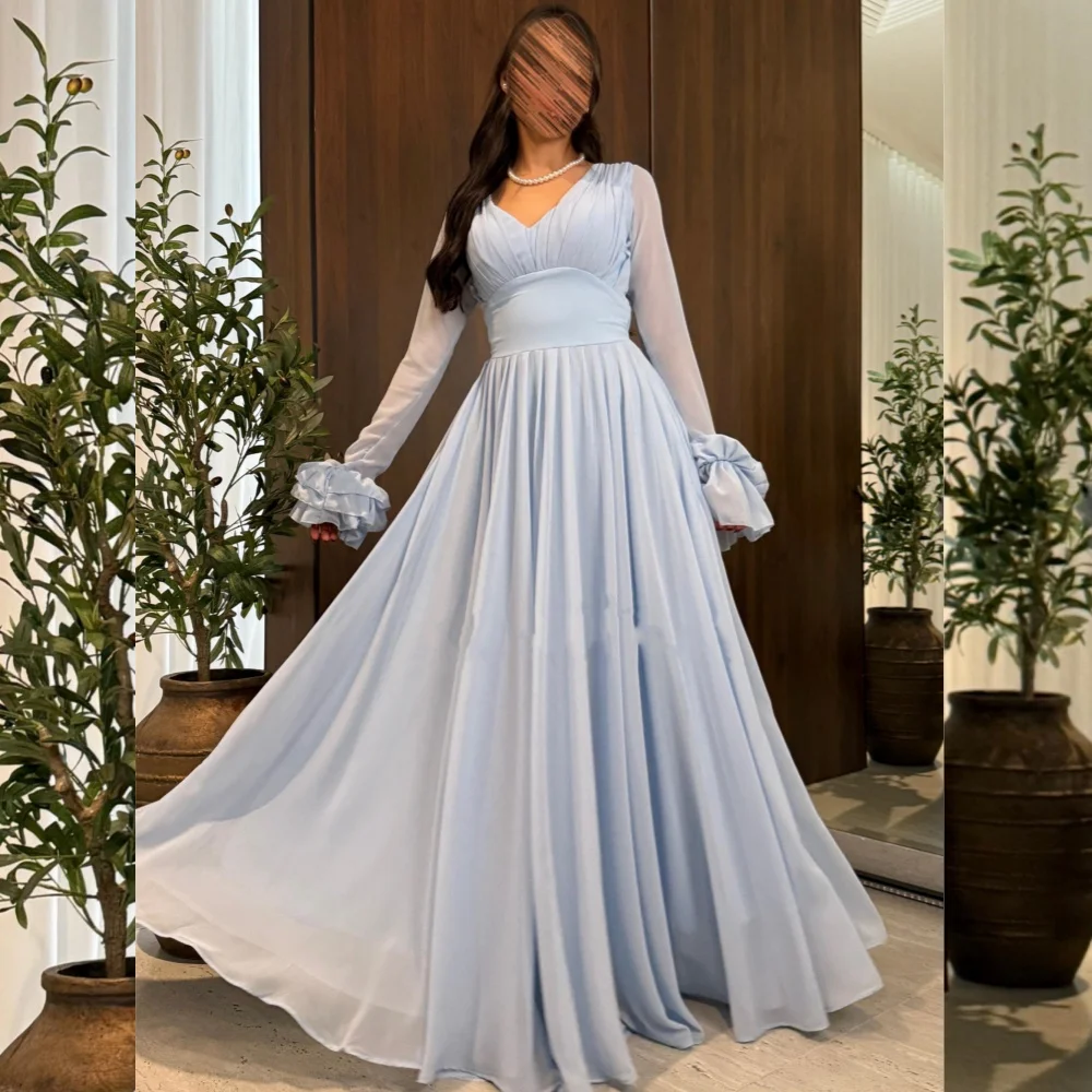

Customized Exquisite Chiffon Pleat A-line V-neck Long Dresses Bespoke Occasion Sizes Available Simple