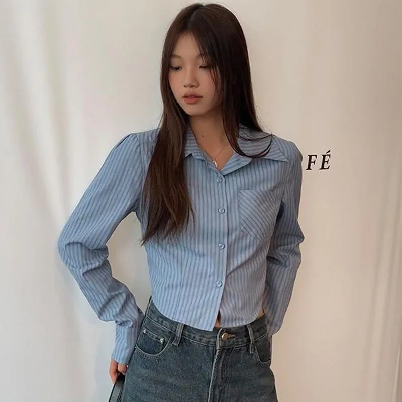 Preppy Style Striped Crop Shirt Women Vintage Blue Jk Long Sleeve Blouse Korean Fashion All Match Slim Fit Female Tops