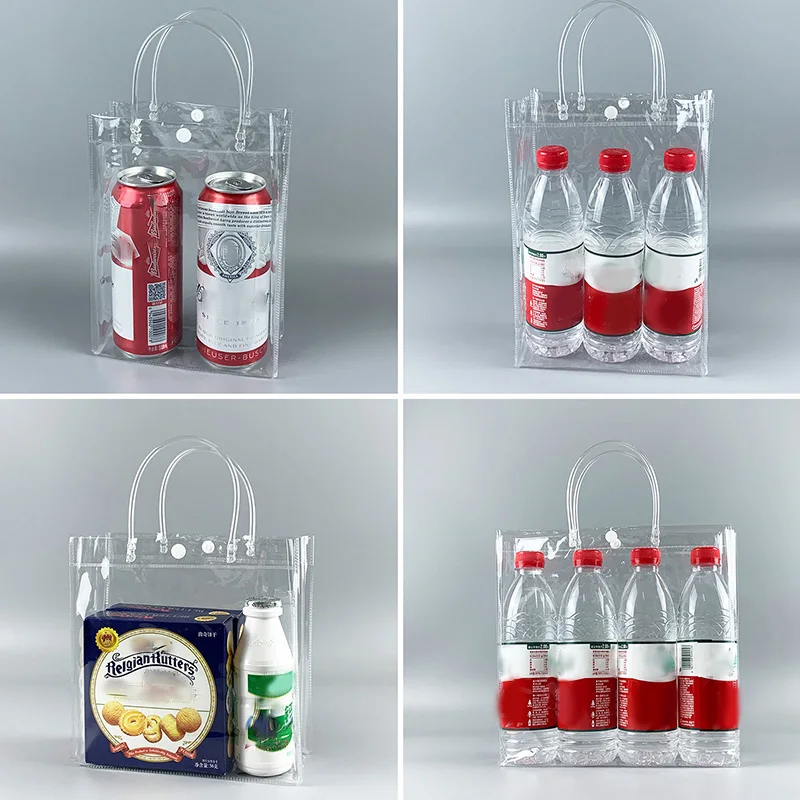 PVC Leakproof Ice Bag Transparent Refrigerated Champagne Red Wine Bottle Whisky Portable Eco Plastic Tote Bag With Carry Handle