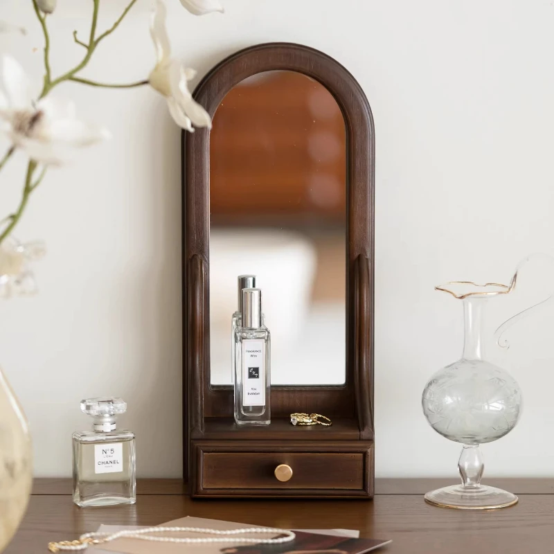 Vintage Wall Mirror Multifunctional Desktop Vanity Mirror Solid Wood Jewelry Organizer Display Shelf Bedroom Decorative Storage