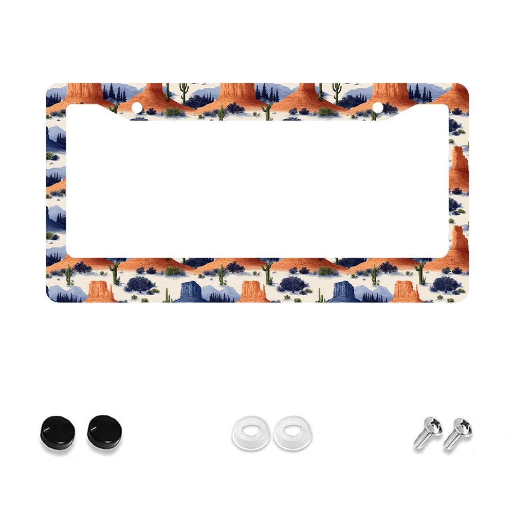 

1pc Retro Orange Cactus Landscape 2-Hole License Plate Frame, Aluminum Material, 6x12 Inches with Screw Kit, Fun Car Decor Gift
