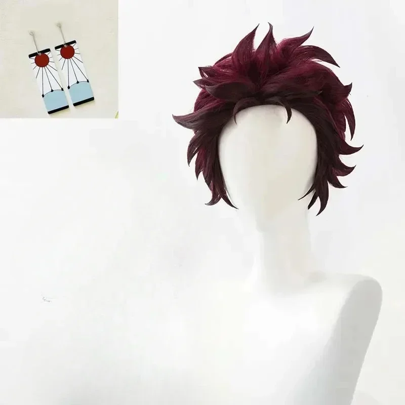 Peluca de Cosplay de Anime Kimetsu no Yaiba Tanjiro Kamado, pelo corto marrón castaño resistente al calor, pelucas o pendientes para Halloween