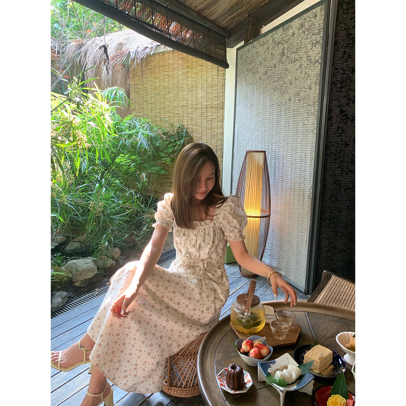 

Bluetique French Countryside Cotton Tea Flower Dr Square Collar Bow Tie Bubble Sve Long Dr Women's Sweet Sle Maxi ...