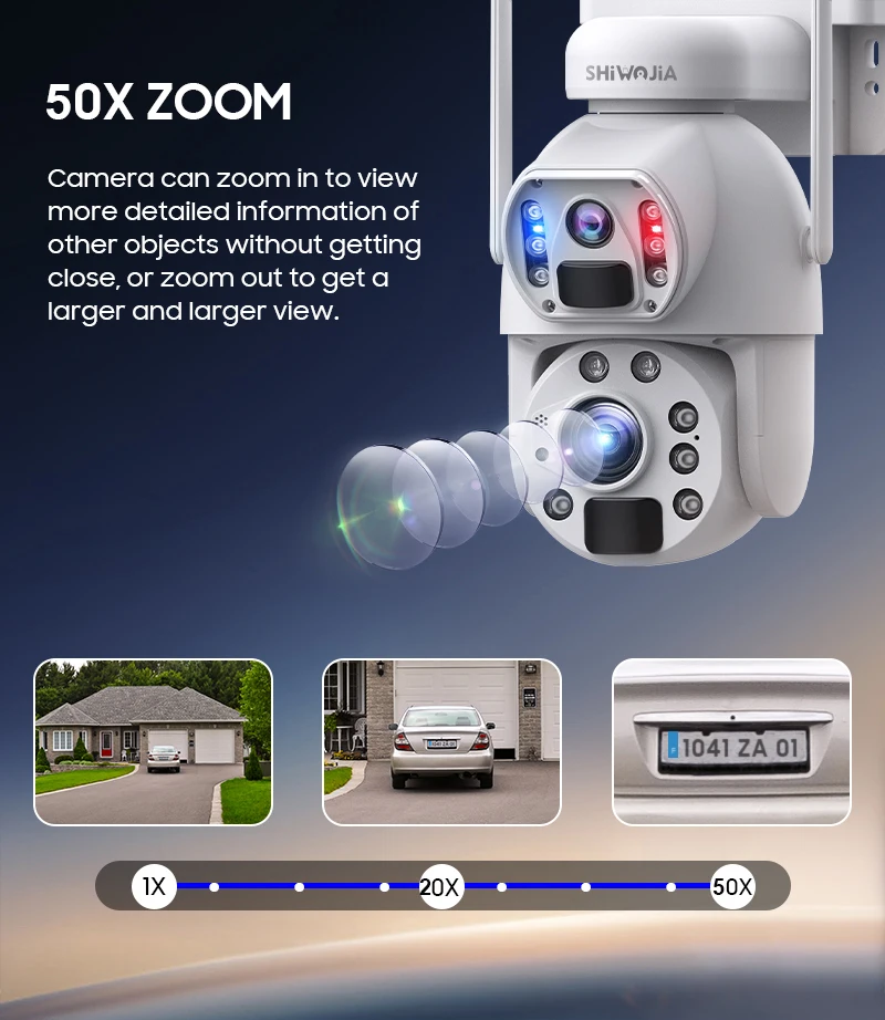 SHIWOJIA 4G Solar Camera 4K 8MP 50X Zoom Dual Lens Wireless Outdoor IP Camera 360° Solar Battery Powered 12000mA