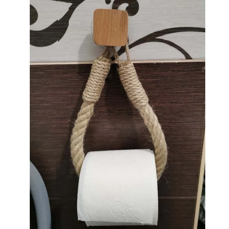 Hemp Rope Tissue Holder Nail-free  Wall Hanging Cotton String Hemp Rope Tissue Holder Solid Wood Combination Roll Paper Holder