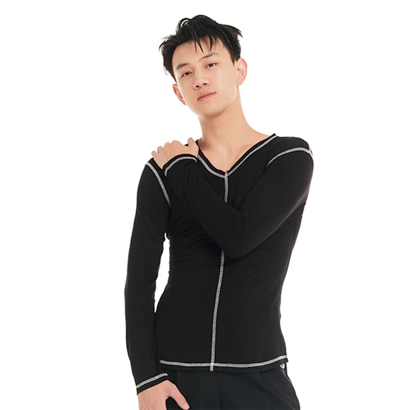 

2025 Latin Dance Competition Clothing For Men Long Sleeved Black Shirts Chacha Rumba Tango Adult Male Latin Dance Tops DQS19765
