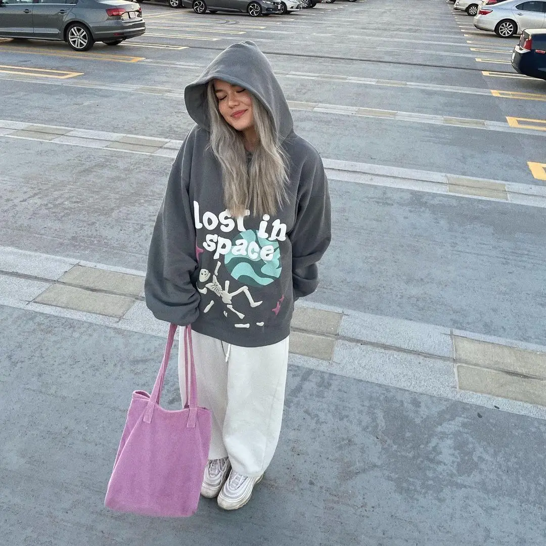 Grey Space Hoodie 2023 Men Women Foam Graphic Sunshine Hoodie Cotton Fleece Sweatshirts Hip Hop Pullovers Asian Size