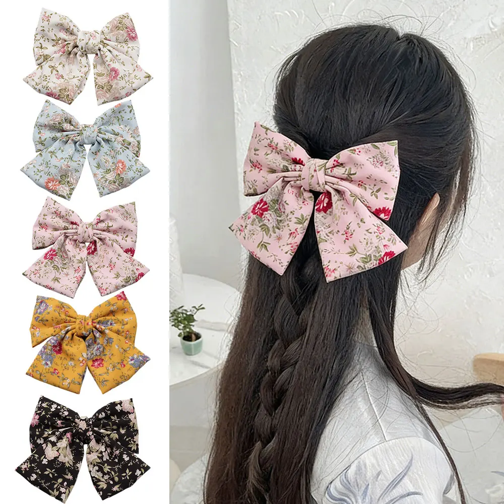 

Flower Printed Bow Hair Clip For Women Hair Accessories Barrettes Top Clip Small Floral Ribbon Bow Hairpin Butterfly Spring Clip