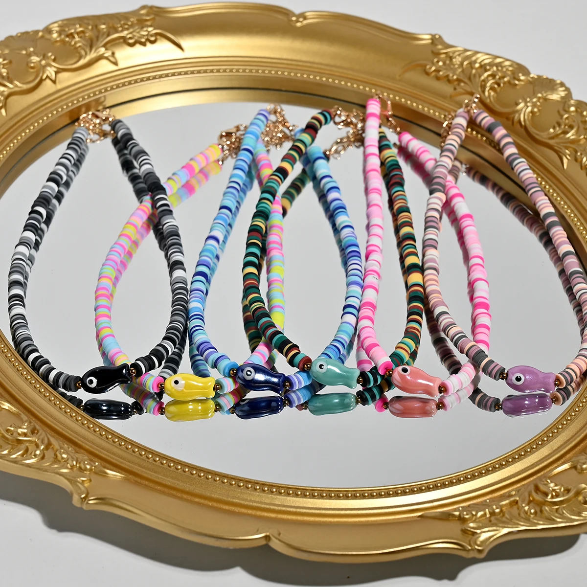 Kalung Liontin Ikan Keramik Warna-warni Gaya Bohemian untuk Wanita, Manik-manik Tanah Liat Polimer Lembut, Multiwarna, Perhiasan Pantai
