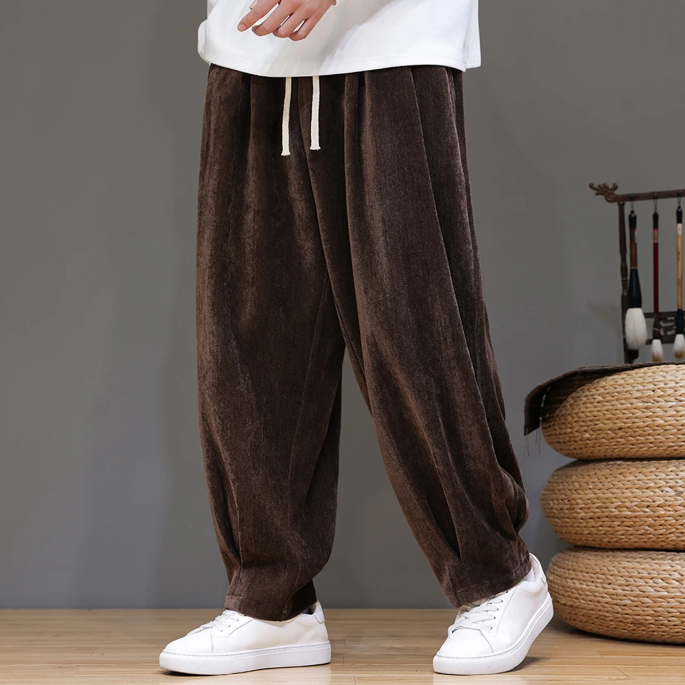 Velvet Retro Pants Men Autumn Winter Thickening Warm Pants Men Loose Fashion Casual Drawstring Solid Large Size Jogging Trousers
