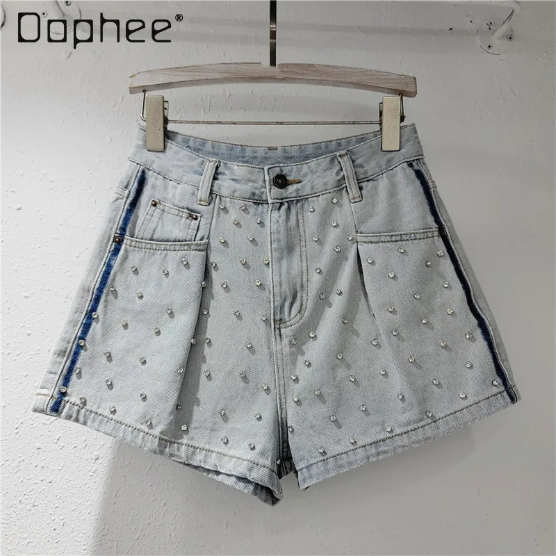 Light Color Denim Shorts for Women 2024 Summer New Heavy Industry Rhinestone Versatile High Waist A- Line Wide-Leg Hot Pants