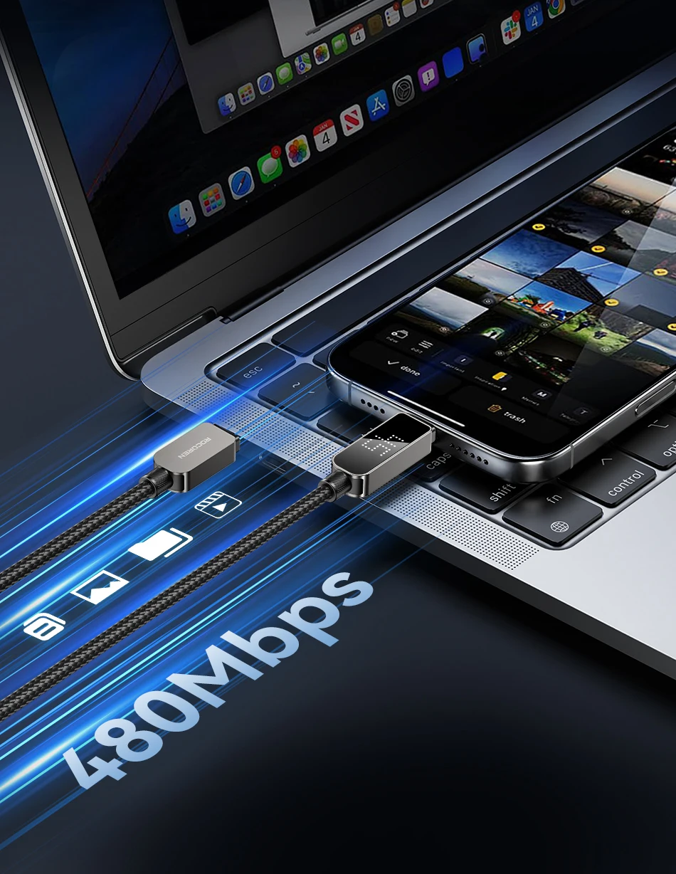 Rocoren Digitales Display USB-C-Kabel 240W PD 3.1 Schnellladekabel Typ C zu C für iPhone 17 16 15 Xiaomi Huawei Macbook iPad – Detail 16