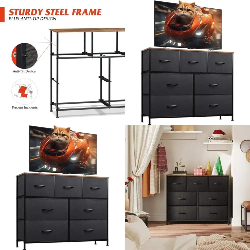 

7 Drawer Dresser TV Stand, Entertainment Center, Media Console Table with Metal Frame and Wood Top for TV up to 45 inch, Chest o