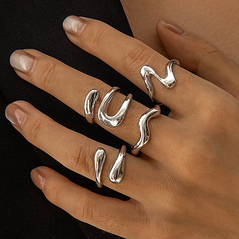 4Pcs/Set Fashion Gold Silver Color Irregular Geometric Open Rings For Women Men Punk Metal Adjustable Knuckle Joint Ring Jewelry