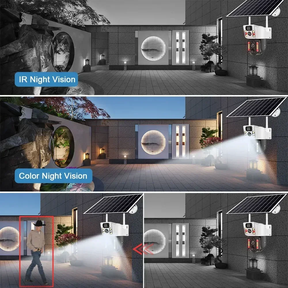 Kamera IP bertenaga rendah baterai nirkabel, PIR deteksi gerakan CCTV eksternal, kamera Video pengawasan 2K 4MP lensa ganda tenaga surya 4G WiFi