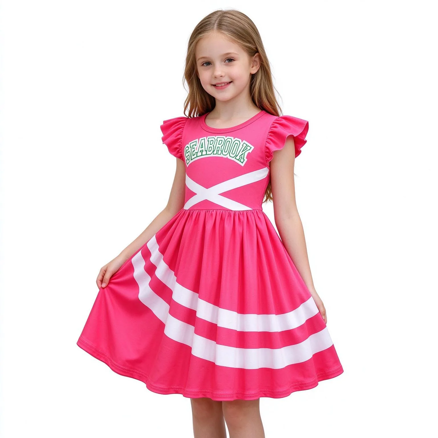 Girls Cartoon Custome Bright Pink Dress Flutter Sleeve Printed A-Line Frock Kids Casual Party Dress for Birthday Holidays