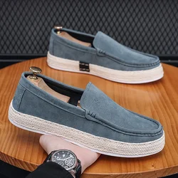 Mocasines para hombre, zapatos de verano para hombre, nueva moda, calzado de lona, suave, plano, cómodo, aterciopelado, cuero de ante, zapato vulcanizado informal para hombre