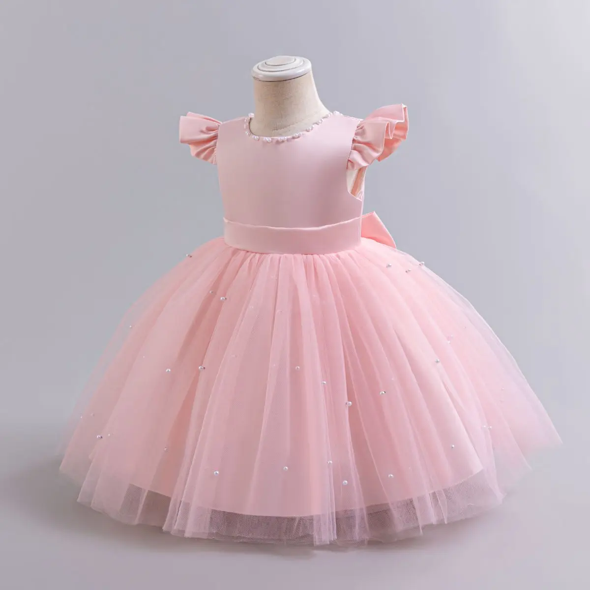 hibobi Girls Princess Dress Elegant Solid Color Knee-Length Bow Pearl Mesh Backless Ballet Skirt Baptism Wedding Party Dress