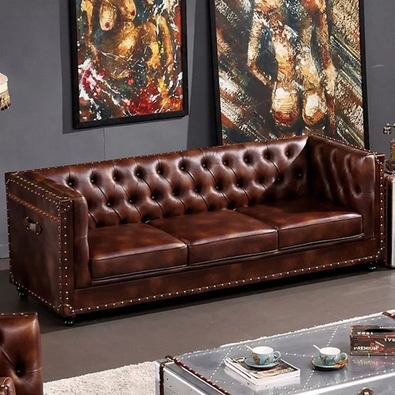 Oil wax leather sofa, living room first floor cowhide clothing store, double triple straight-breasted buckle sofa