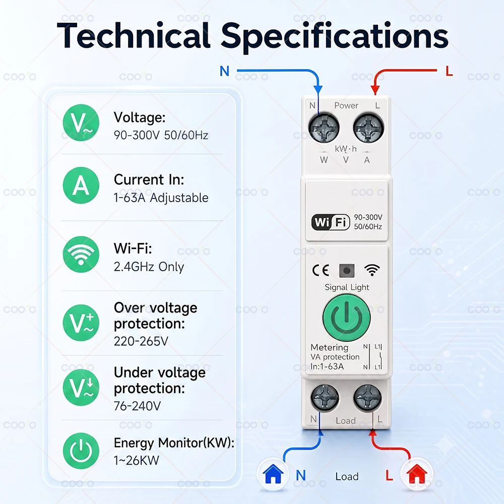 Tuya WiFi/Zigbee Intelligenter Schutzschalter MCB 1P+N 63A Timer Stromzähler Energie kWh Spannungs- und Strommessgerät für Alexa Google Home – Detail 11