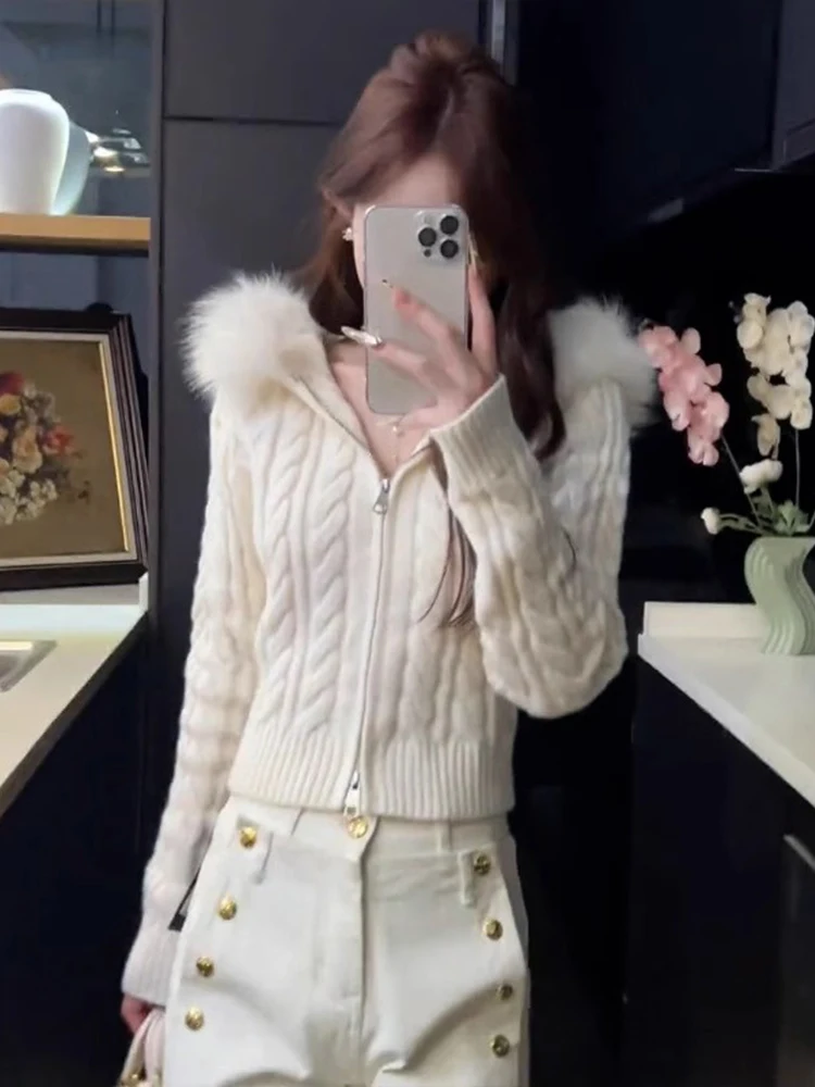 White Fur Collar Hood Crop Sweater Outerwear Women Autumn and Winter New High Sense Slim fit Slimming Knit cardigan Top