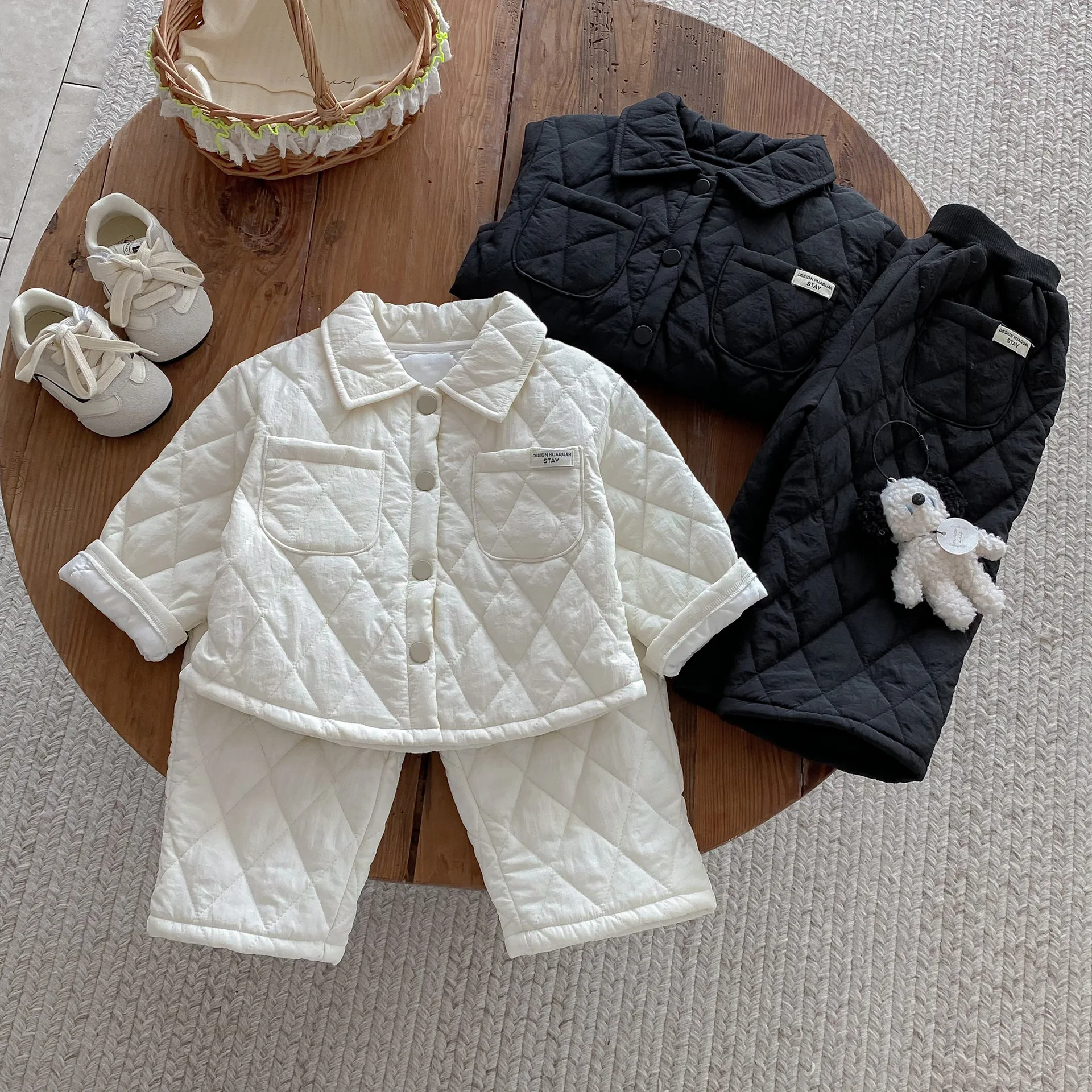 Winter Korean Kids Vintage Thick Jacket + Pants Two Piece Sets Warm Cotton Outfits for Boy Girl 1-7 Years Outdoor Clothing