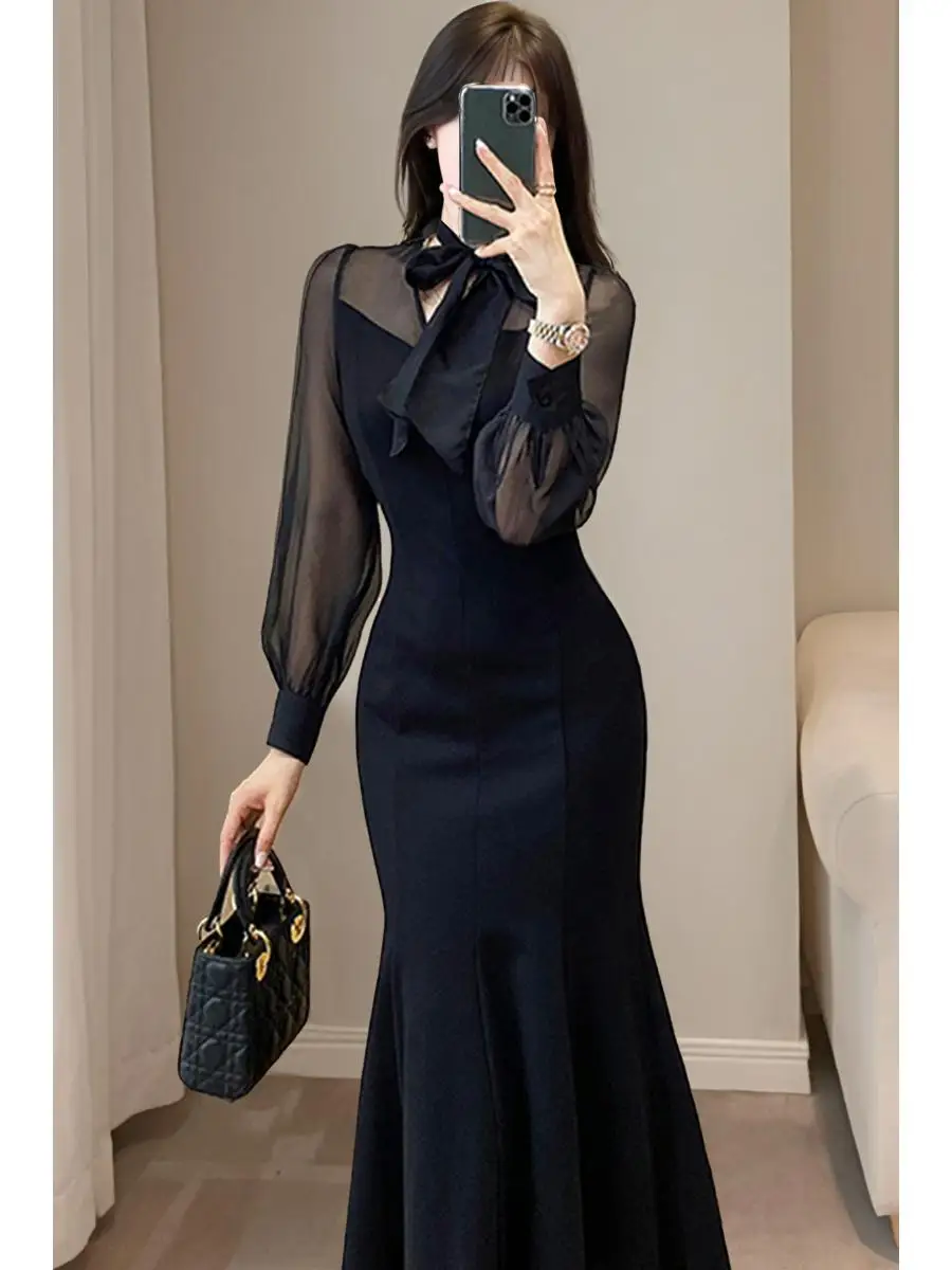 Ele Bla Fi Tail Dr High Waist A-Line Skirt Long Sve Vintage Sle Formal Gown Spring New Arrival Women's Faion