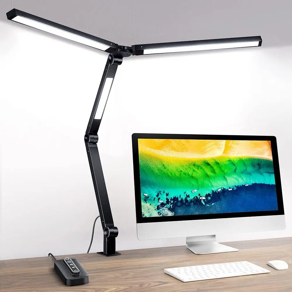 LED Desk Lamp with Clamp 20W Eye-Caring 3 Light Sources Flexible Swing Arm 4 Color Modes USB Charging Timer Home Office