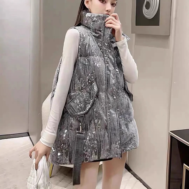 

Autumn Winter Stand Collar Sequin Down Vest Female Zipper Pocket Warm Quilted Waistcoat Women White Duck Down Sleeveless Vest