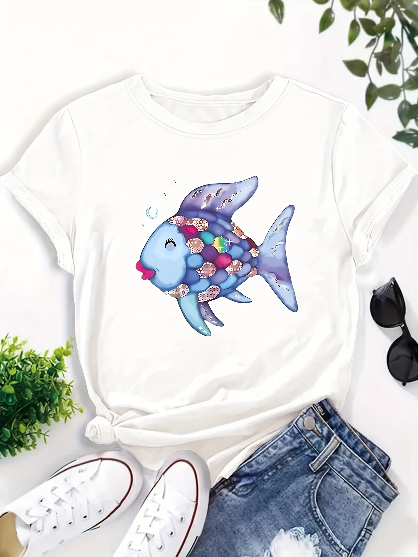 Whimsical Rainbow Fish Books Graphic Women's Light Blue Crew Neck All-Season Casual Short Sleeve Tee Be Kind Teacher
