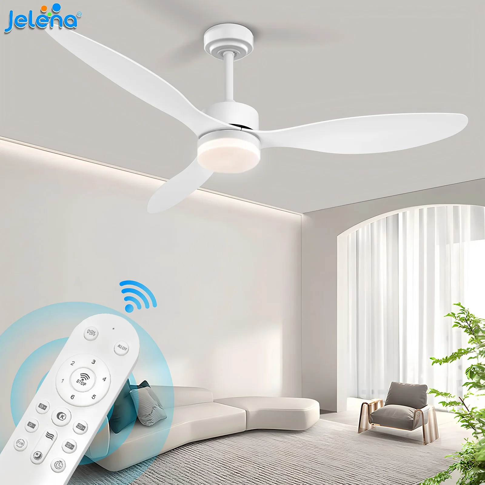 Ventilateurs de plafond modernes Jelena avec lumière, télécommande et variateur d'intensité pour chambres, salons et décoration intérieure