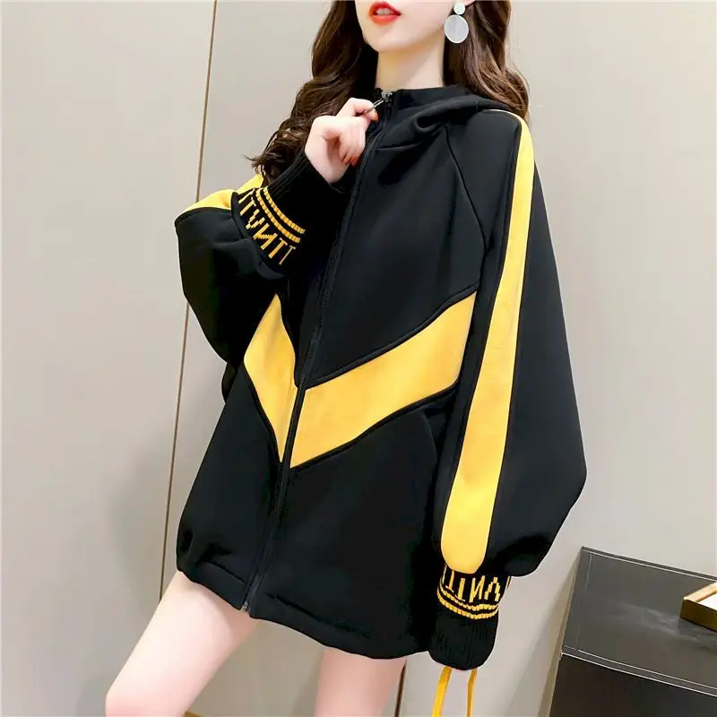 

Fashion Patchwork Hoodies Women Autumn Winter Trend Hooded Jackets Casual Loose Outerwear Zipper Cardigan Plush Thickened Hoodie