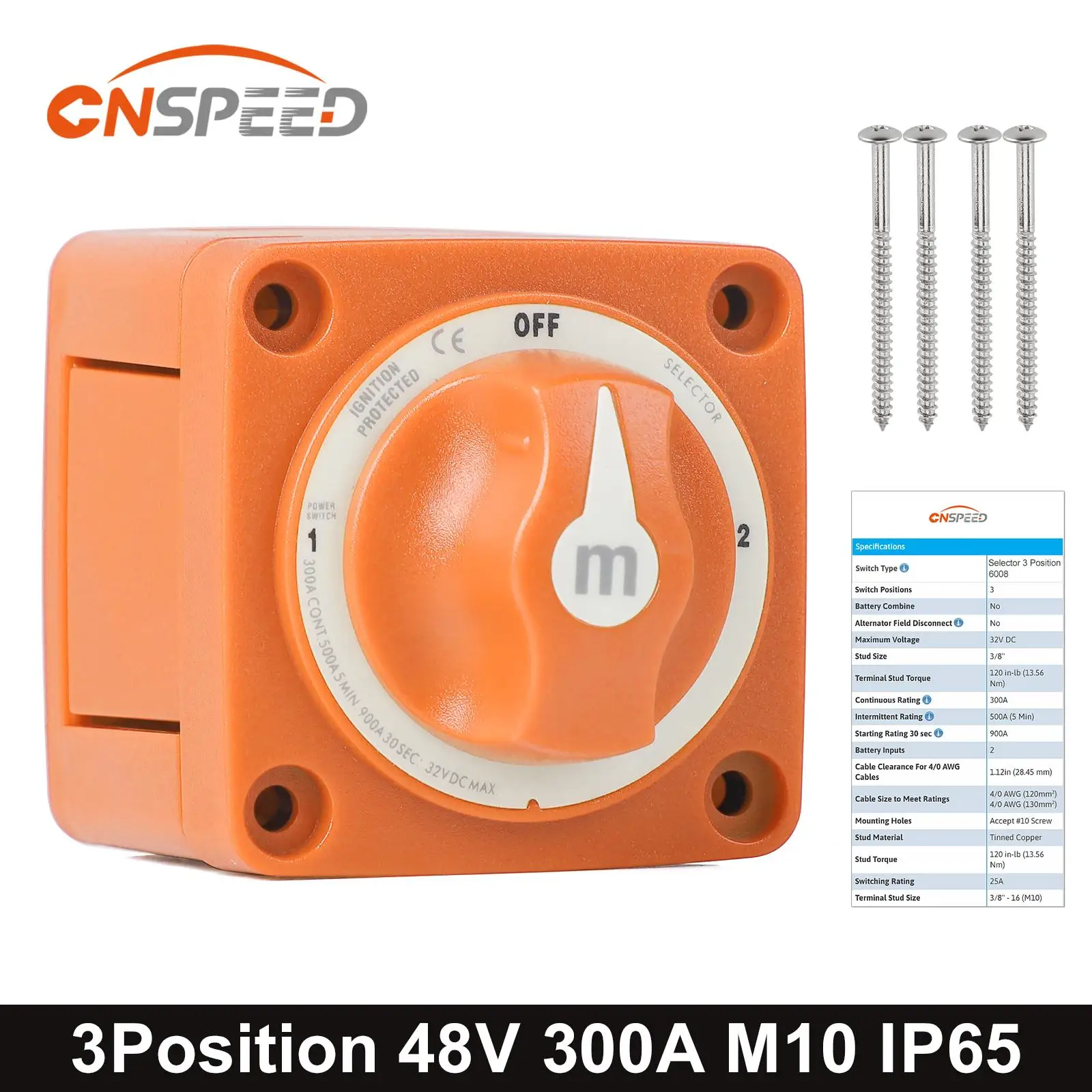 

CNSPEED M-Series 6008 Selector 3 Position Battery Rotary Switch 32V DC 300A Terminal Stud 3/8" M10 For Marine Boat Truck RV IP65