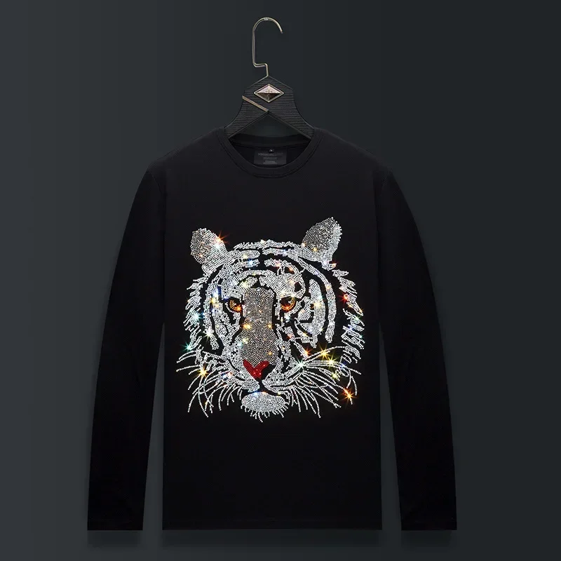 

Plus Size T Shirts Men Cartoon Tiger Rhinestones Fashion Streetwear O Neck Long Sleeve Slim Modal Cotton Tshirts Mens Clothing