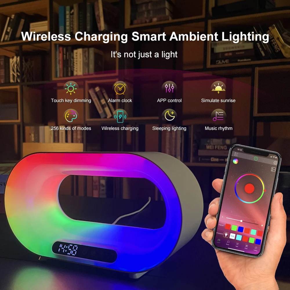 Intelligent 3 In 1 LED Night Light Wireless Charger Alarm Clock With APP Control RGB Atmosphere Desk Lamp Smart Table Lamp Decor