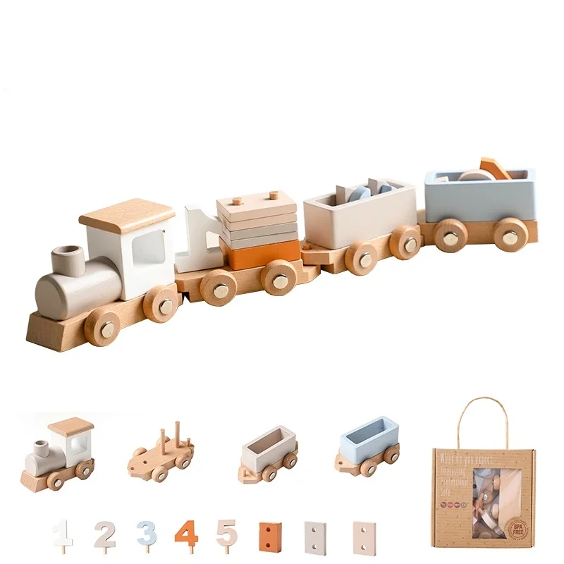 Tren de juguete de madera para niños, juguete educativo Montessori, modelo de tren simulado, carrito de aprendizaje