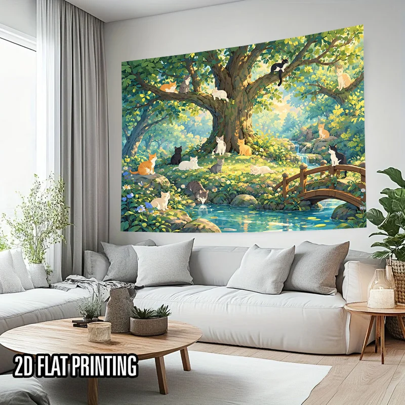 Cute Cat Forest Tapestry Wall Hanging, Anime Style Kittens Tree Creek Landscape Print for Kids Room Party Wall Hanging Decor