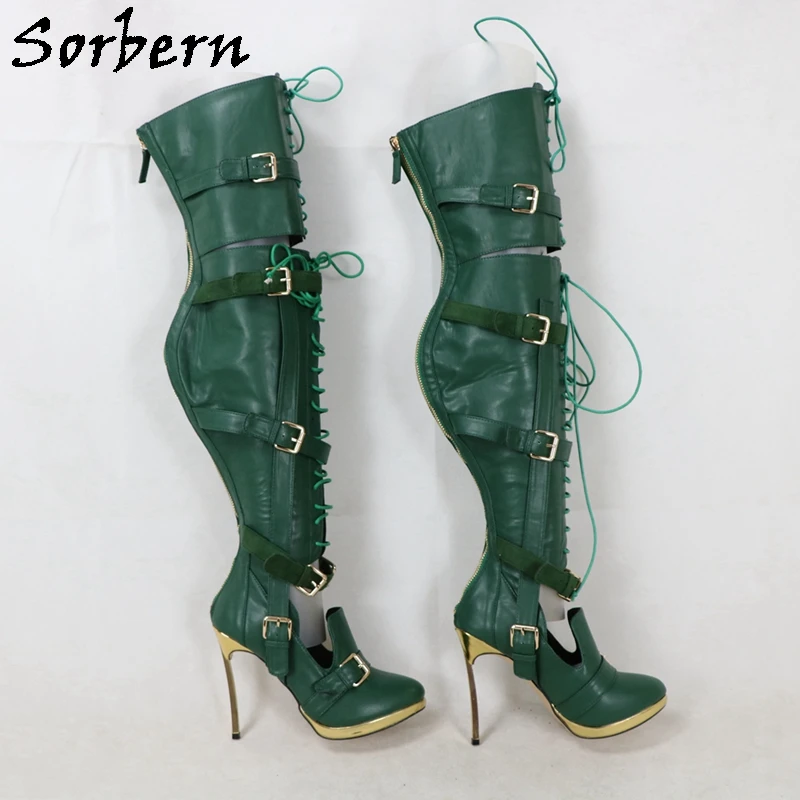 Sorbern Deep Green Matte Long Boots Women Rear Zippers Hollow Out Front Stilettos High Heelpointed Toe Lace Up Custom Colors