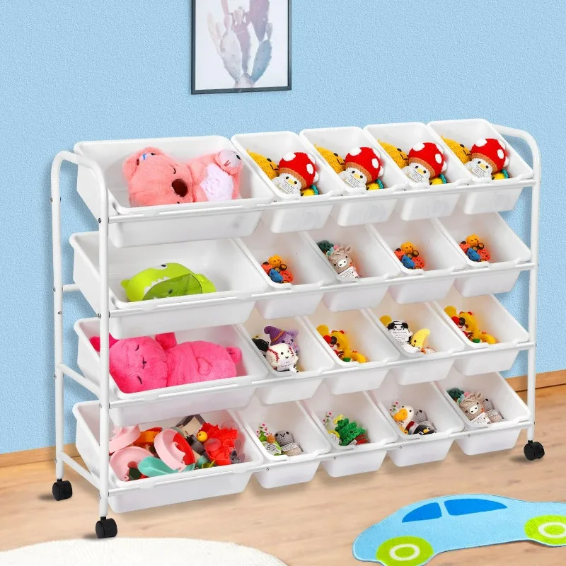 

4 Layers Toy Storage Rack with 20 Storage Bins Multipurpose Organize Shelf Toy Box Detachable Kids Toy Storage Holder