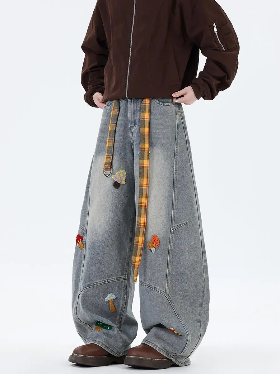 

Джинсы унисекс с вышивкой и эффектом потертости, прямые, широкие, в американском повседневном стиле, осенняя мода