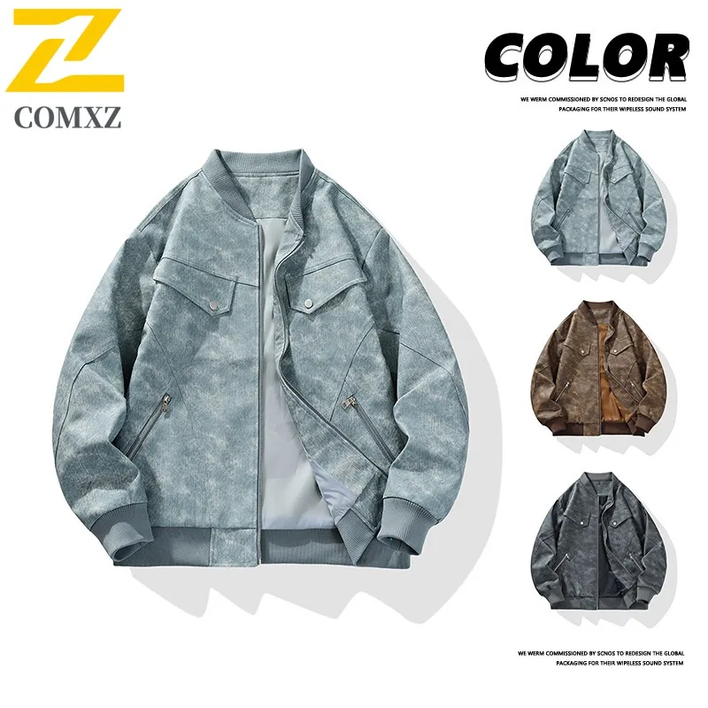 

COMXZ Men Autumn Motorcycle Jacket Premium Hiking Travel Cozy Coat Traditional Baseball Collar Outdoor Lightweight Durable Coats
